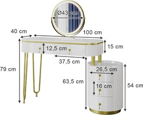 Masuta machiaj cu Oglinda LED si 5 Sertare pentru Cosmetice, Set Masa toaleta 100 cm, Alb, masuta cosmetica, vanity - SEA422