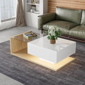 Măsuță de Cafea Modernă din Lemn cu Sticlă și LED, 105x55x32,5 cm, Naturală