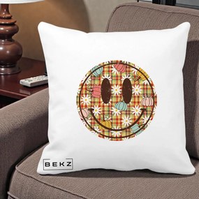 Perna Decorativa Smiley Face de Toamna cu Tartan si Dovlecei, 40x40 cm, Alba Mata, Husa Detasabila, Perna Inclusa, BEKZ®