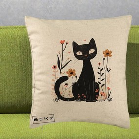 Perna Decorativa Pisica Neagra Flori Pastel Folk, 40x40 cm, Bej, Husa Detasabila, Perna Inclusa, BEKZ®