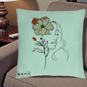 Perna Decorativa Portret Feminin Floare Bej Terracotta, 40x40 cm, Verde Menta, Husa Detasabila, Perna Inclusa, BEKZ®