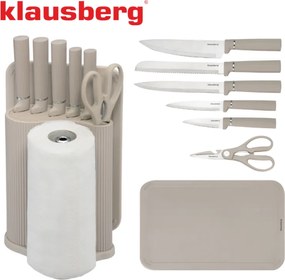 Set cuțite Klausberg KB 7978, 8 piese, Oțel inoxidabil, Suport, Suport hârtie de bucătărie, Bej