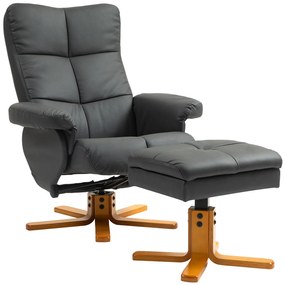 HOMCOM Fotoliu de relaxare cu taburet, Spătar înclinabil la 145°, Rotativ la 360°, Piele ecologică, Gri închis | Aosom Romania
