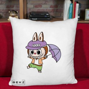 Perna Personalizata Labubu Lucky cu Umbrela, 40x40 cm, Alb Pufos, Husa Detasabila, Perna Inclusa, BEKZ®