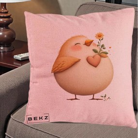 Perna Decorativa Pui cu Inima si Floarea-Soarelui, 40x40 cm, Roz, Husa Detasabila, Perna Inclusa, BEKZ®