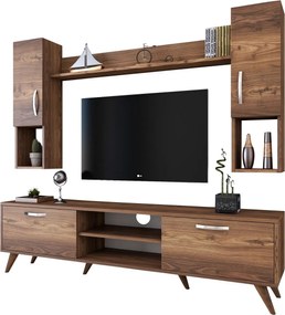 Comoda TV cu raft de perete si 2 cabinete M27 - 284, Wren, 180 x 35 x 48.6 cm/133 cm, walnut