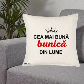 Cadou pentru Bunica - Perna Personalizata Cea Mai Buna Bunica Din Lume Coroana Neagra, 40x40 cm, Crem Reliefat, Husa Detasabila, Perna Inclusa, BEKZ®