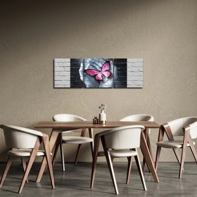 Tablou - Fluture roz în perete (cu ceas) (90x30 cm)