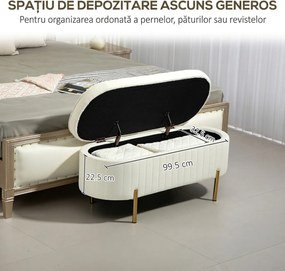 HOMCOM Bancă de Depozitare de Intrare Ovală 72L, Design Canelat cu Capac Rabatabil și Scaun Capitonat, Bancă de la Capătul Patului, Pouf, în Velur și cu Picioare din Lemn de Pin, 108x44x43.5 cm, Crem | Aosom Romania