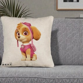 Perna Personalizata Skye PAW Patrol Roz, 40x40 cm, Bej Canapea, Husa Detasabila, Perna Inclusa, BEKZ®