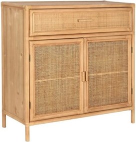 Bufet din lemn masiv și ratan, natur, cu 2 uși, 1 sertar și panouri din ratan împletit, finisaj natural, 100 x 100 x 40 cm, „Cajon”