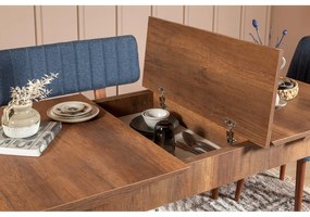 Masă de sufragerie extensibilă cu 2 scaune și 2 bănci Vlasta (nuc + albastru închis). 1073080
