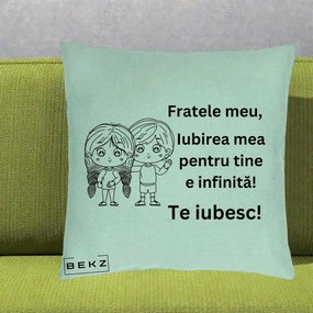 Cadou pentru Frate - Perna Personalizata Fratele Meu Te Iubesc Copii Anime Line Art Negru, 40x40 cm, Verde Menta, Husa Detasabila, Perna Inclusa, BEKZ®