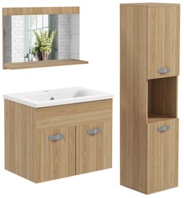 kleankin Set de mobilier de baie oglindă coloană + dulap sub chiuvetă suspendat cu bol, dulap coloană natural | Aosom Romania
