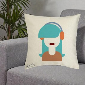 Perna Decorativa Fata cu Casti Muzica Grafic, 40x40 cm, Ecru, Husa Detasabila, Perna Inclusa, BEKZ®