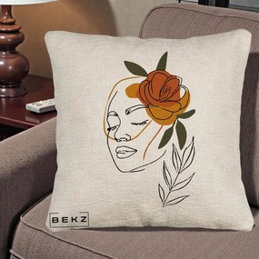 Perna Decorativa Portret Feminin Trandafir Ruginiu, 40x40 cm, Bej Canapea, Husa Detasabila, Perna Inclusa, BEKZ®
