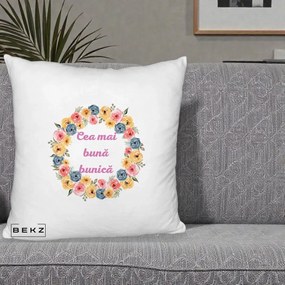 Cadou pentru Bunica - Perna Personalizata Cea Mai Buna Bunica Coronita Flori Multicolore, 40x40 cm, Alb Pufos, Husa Detasabila, Perna Inclusa, BEKZ®