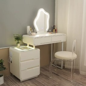 RESIGILAT- Set Alisa, Masă de toaletă pentru machiaj cu oglindă iluminată LED, control touch, 5 sertare, comoda, scaun, Difuzor Bluetooth, zona încărcare fără fir, Alb