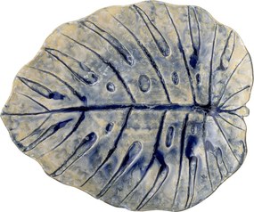 Platou de servire din ceramică, în formă de frunză, natur cu detalii albastre în relief, „Rowan", 32,5 x 26,5 x 4,5 cm