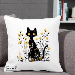 Perna Decorativa Pisica Neagra Ochi Galbeni Flori Galbene, 40x40 cm, Alba Mata, Husa Detasabila, Perna Inclusa, BEKZ®