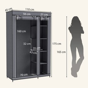 HOMCOM Dulap Textil pentru Economisirea Spațiului, cu Bară pentru Umerașe și 5 Polițe, 110 x 45 x 175 cm, pentru Dormitor, Gri | Aosom Romania