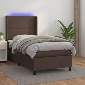 3139304 vidaXL Pat cu arcuri, cu saltea și LED, maro, 90x200 cm, piele eco