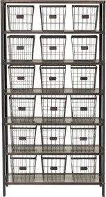 Etajeră metalică vintage în stil industrial, gri, cu 18 coșuri din sârmă și 6 rafturi din sticlă, 171,5 x 89 x 33,5 cm, „Factory”