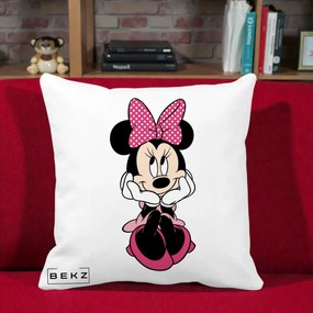 Perna Personalizata Minnie Mouse cu Fundita, 40x40 cm, Alba Mata, Husa Detasabila, Perna Inclusa, BEKZ®