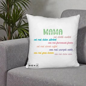 Cadou pentru Mama - Perna Personalizata Mama Cel Dintai Cuvant cu Text Colorat Multicolor, 40x40 cm, Alb Pufos, Husa Detasabila, Perna Inclusa, BEKZ®