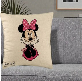 Perna Personalizata Minnie Mouse cu Fundita, 40x40 cm, Bej, Husa Detasabila, Perna Inclusa, BEKZ®