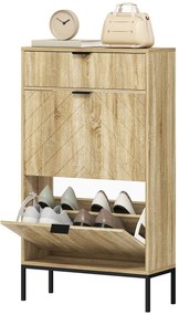 HOMCOM Mobilier de pantofi 8 perechi cu sertar glisant, 2 sertare rabatabile, rafturi reglabile, 60x24x105,5cm, stejar | Aosom Romania