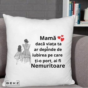 Cadou pentru Mama - Perna Personalizata Mama Nemuritoare Line Art, 40x40 cm, Alb Pufos, Husa Detasabila, Perna Inclusa, BEKZ®