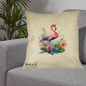 Perna Decorativa Flamingo cu Flori Tropicale Acuarela, 40x40 cm, Crem, Husa Detasabila, Perna Inclusa, BEKZ®