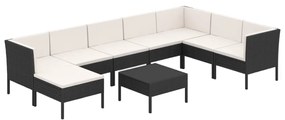 Set mobilier de gradina cu perne, 9 piese, negru, poliratan 3x colt + 4x mijloc + suport pentru picioare + masa, 1