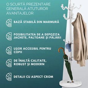 Cuier de podea TENZY cu bază din marmură, 37x173cm, alb Casaria