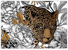 Tablou pe sticlă - Leopard între flori (70x50 cm)