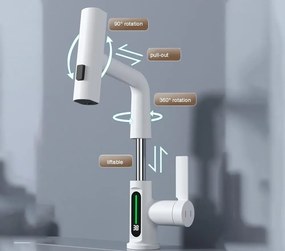 Baterie lavoar, afișaj LCD, 3 tipuri de curgere, pivotant 360°, oțel inoxidabil, reglabil în înălțime, comutator cald și rece, Alb, S3281