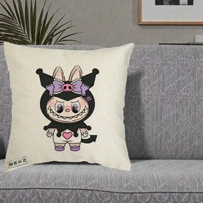 Perna Personalizata Labubu x Kuromi, 40x40 cm, Ecru, Husa Detasabila, Perna Inclusa, BEKZ®
