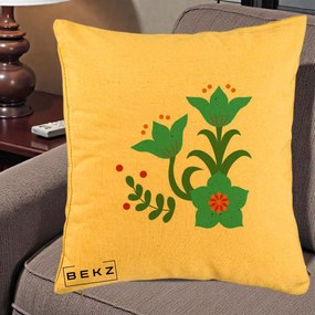Perna Decorativa Flori Stilizate Folk Turcoaz, 40x40 cm, Galben, Husa Detasabila, Perna Inclusa, BEKZ®