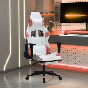 3143772 vidaXL Scaun de gaming cu suport picioare, alb/roz, piele ecologică