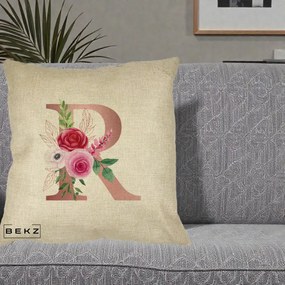 Cadou Personalizat - Perna Personalizata Monograma Rose Gold Litera R, 40x40 cm, Crem, Husa Detasabila, Perna Inclusa, BEKZ®