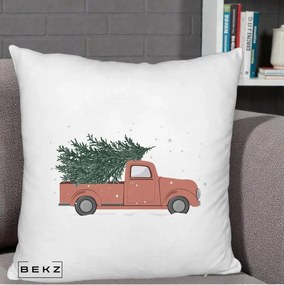 Perna Decorativa Camioneta Terracotta Brad de Craciun, 40x40 cm, Alb Pufos, Husa Detasabila, Perna Inclusa, BEKZ®