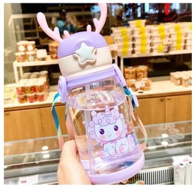 Sticla pentru copii din plastic cu pai UNICORN 600 ml