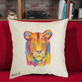 Perna Decorativa Leu Acuarela Curcubeu, 40x40 cm, Ecru, Husa Detasabila, Perna Inclusa, BEKZ®