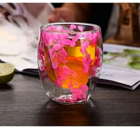 Pahar din sticlă, pereți dubli, flori uscate, hortensie roz, 250 ml