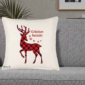 Perna Decorativa Ren Tartan Craciun Fericit, 40x40 cm, Crem Reliefat, Husa Detasabila, Perna Inclusa, BEKZ®