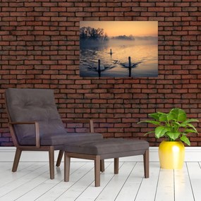 Tablou cu lebăde pe apă în ceață (70x50 cm)