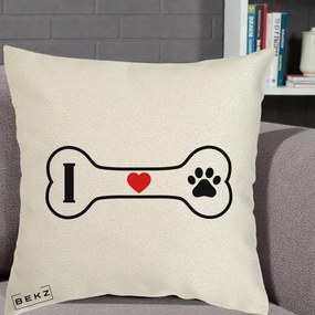 Perna Personalizata I Love Dog Os si Labuta, 40x40 cm, Ecru, Husa Detasabila, Perna Inclusa, BEKZ®