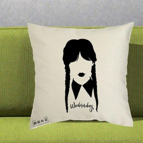 Perna Personalizata Wednesday Addams Silueta Alb-Negru, 40x40 cm, Ecru, Husa Detasabila, Perna Inclusa, BEKZ®