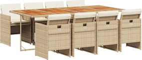 vidaXL Set de masă pentru grădină, 9 piese, cu perne, bej, poliratan